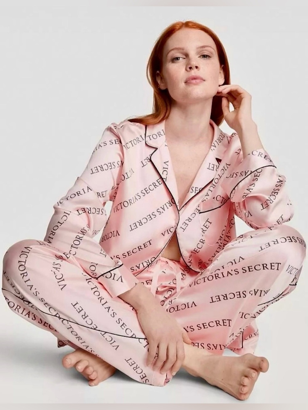 Victoria's Secret Women's Small Pajama Set Pink Satin Black Trim & VS Logo NWT